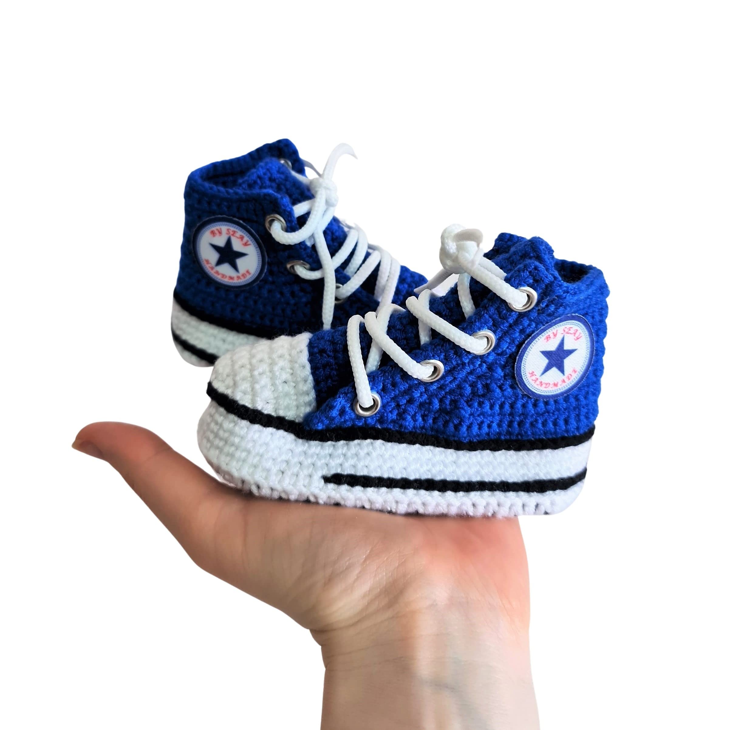 gestrickte Blaue Baby Sneaker Booties, weiche warme Baumwoll-Häkel-Hausschuhe für Neugeborene, Kleinkinder, Lauflerner, 0-3M 3-6M 6-9M 9-12M, Geschenk für Baby-Jungen