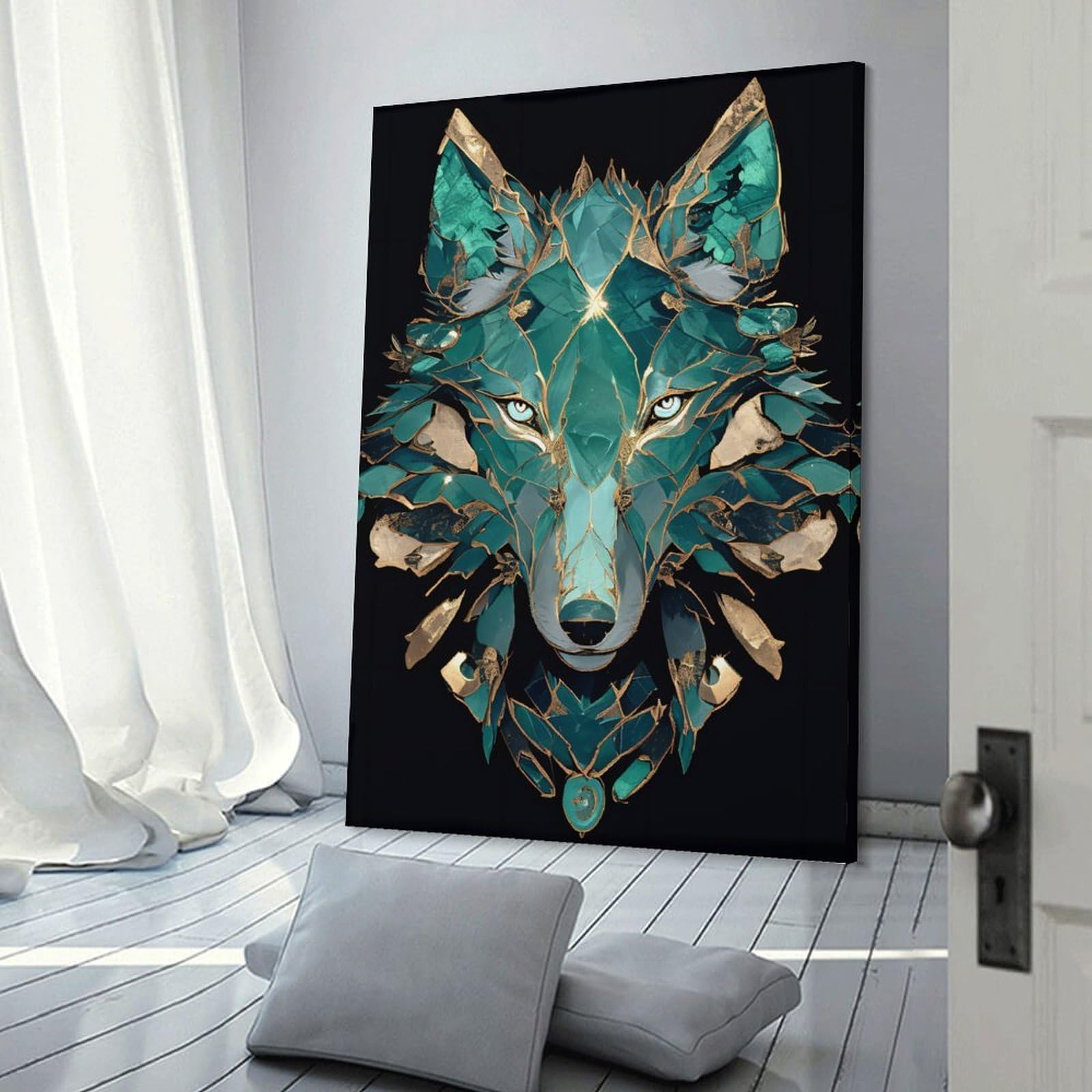 Junmoney Frame-Style-7 Crystalline Wolf Portrait Wall Art Print, 20X30inch(50X75cm), For Corridors, Hallways Or Apartment Entries, Wall Decor To Refresh Empty Corners