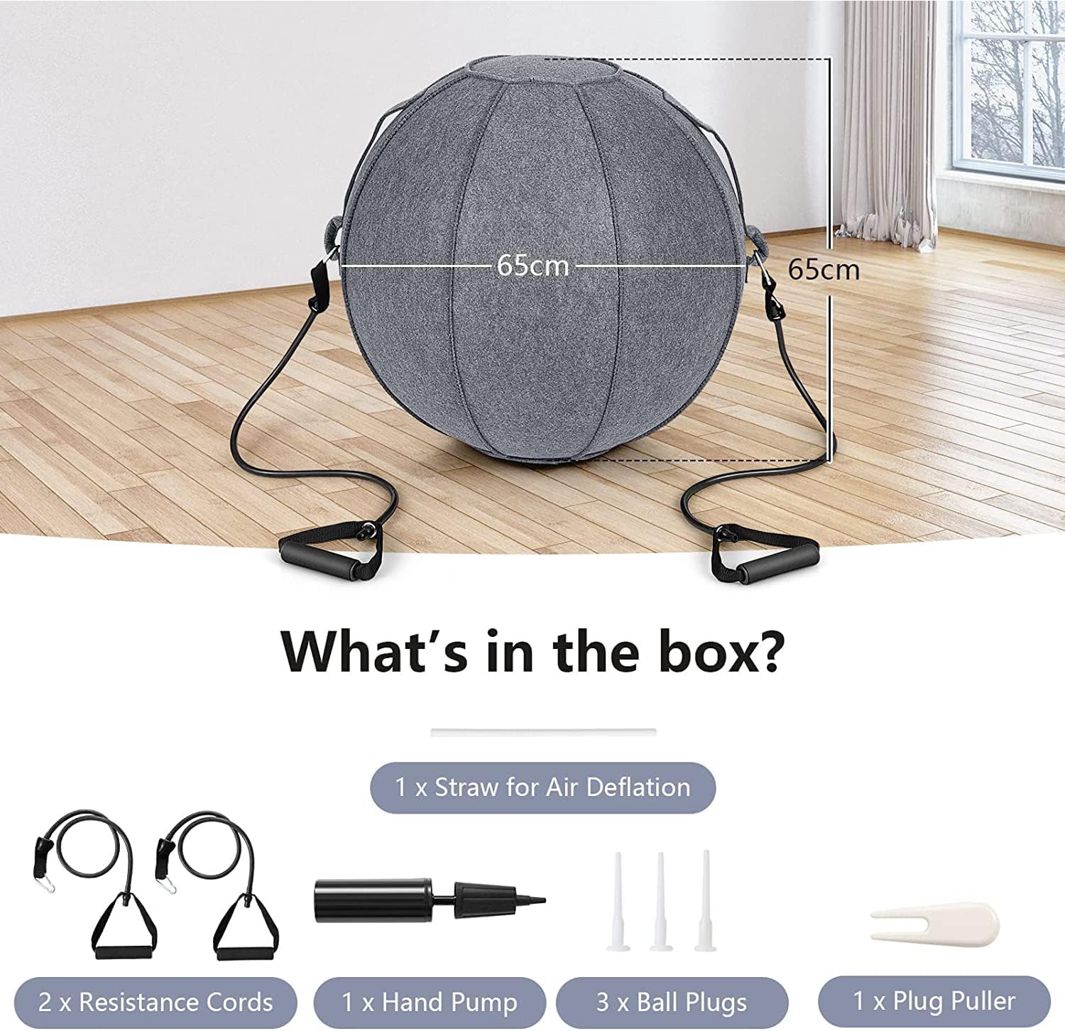 DIXII Core Balance Gymnastikball, 65 cm Großer Übungs-Yogaball Mit Filzbezug, Pumpe Und 2 Widerstandsbändern, Anti-Burst-Ballstuhl Für Fitness