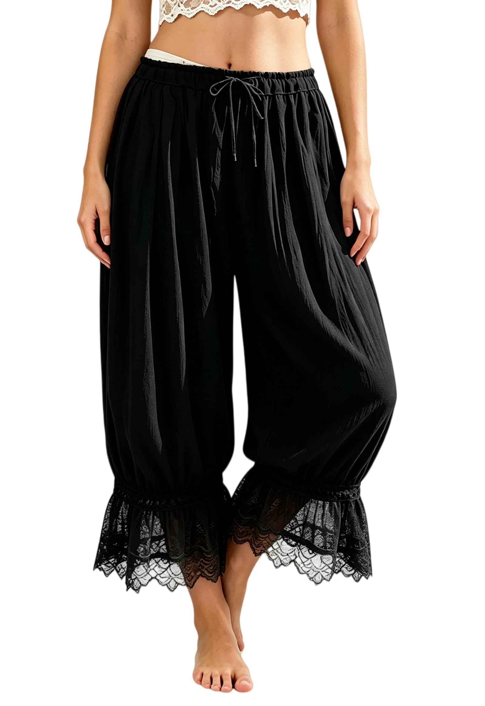 Women Lace Trim Long Bloomers Ruffle Pantaloons Culottes
