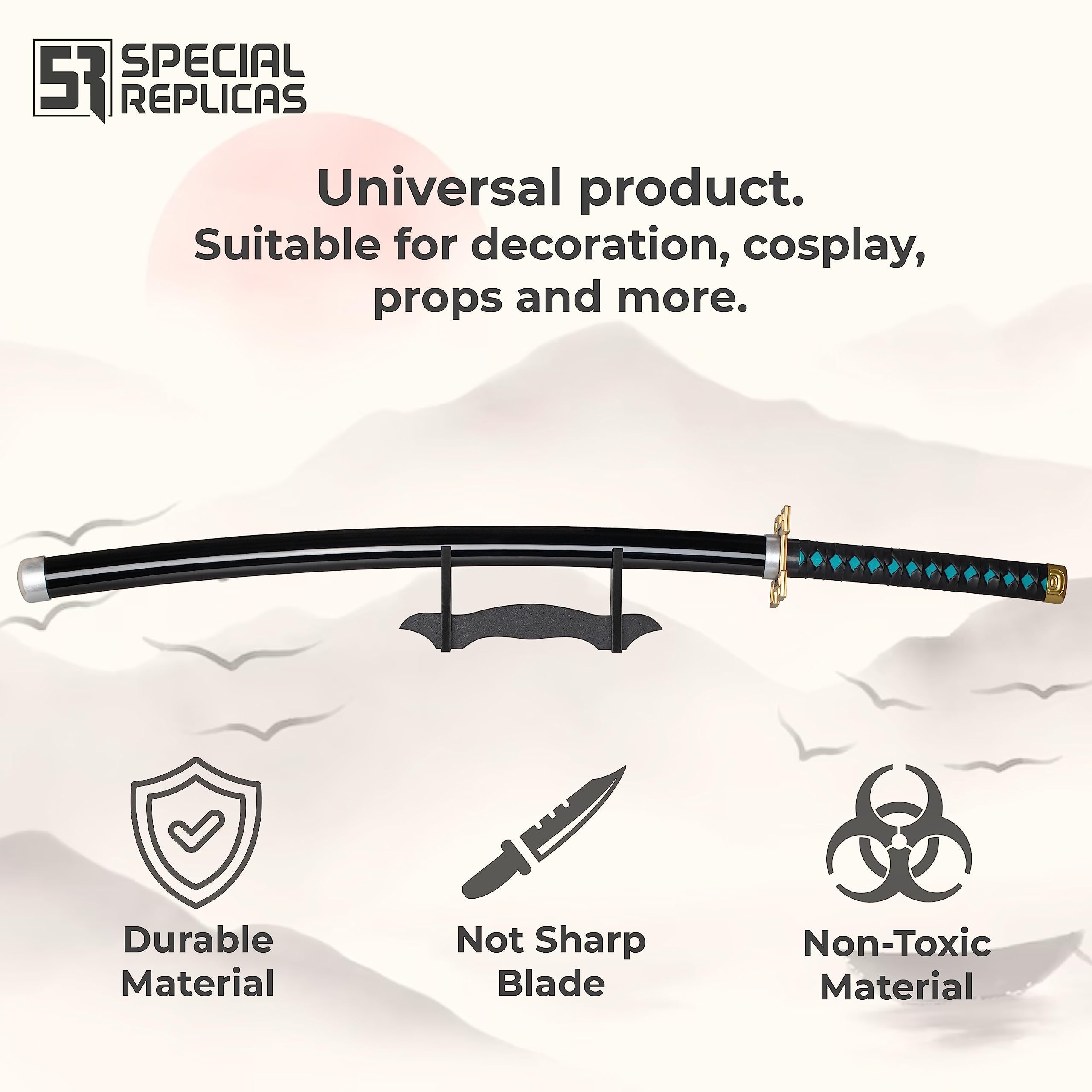 57 SPECIAL REPLICAS Daemon Slayer Katana Schwert 105 cm/41 Zoll - Samurai Schwert Holz mit Gürtel, Ständer & Scheide - Holzschwert aus Bambusholz für Anime Cosplay- Anime Schwerter (Nicht Scharf)