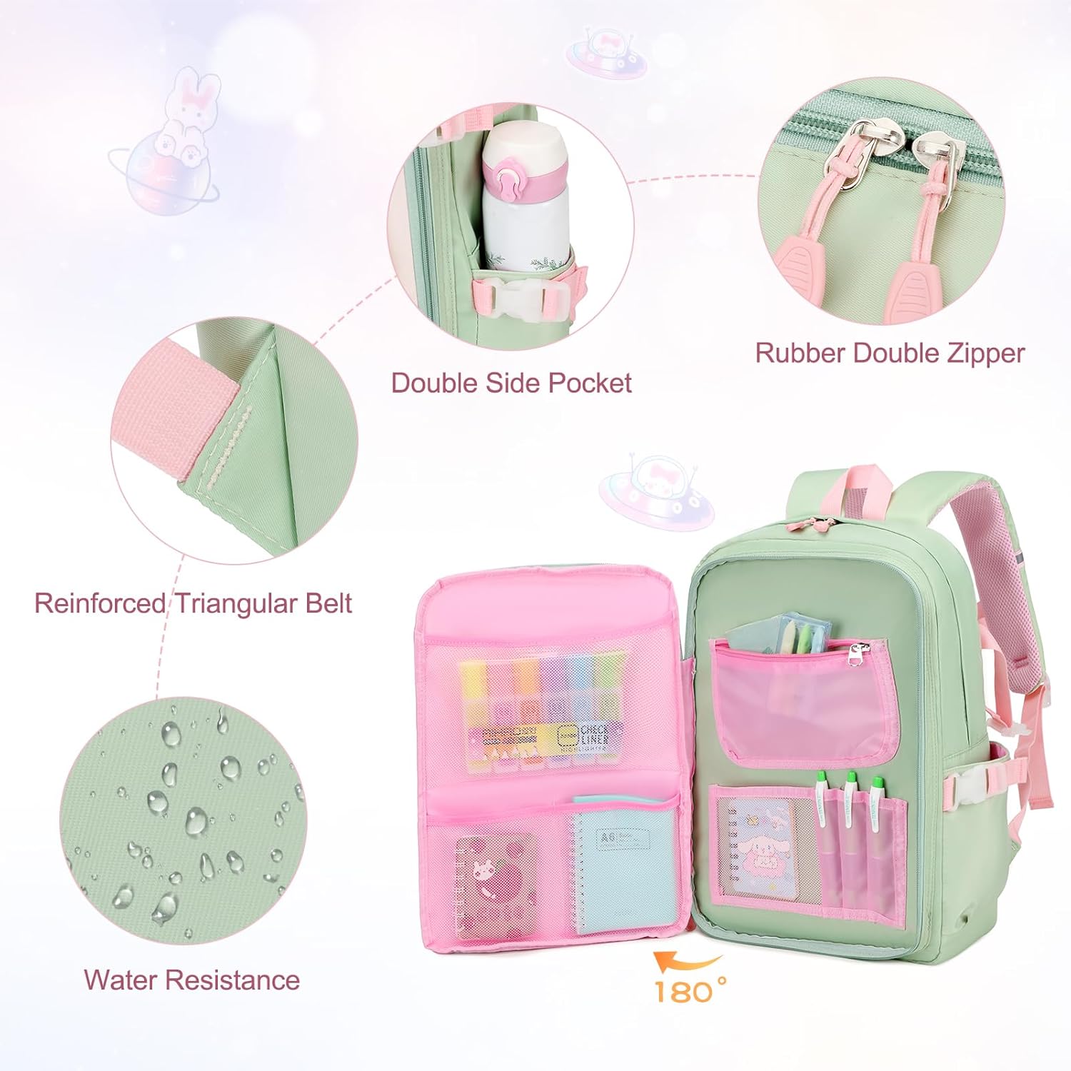 Girls Backpack Set, 3PCS School Backpack for Girls, Kawaii Bunny Kids Backpacks for Girl Kindergarten Elementary School Preschool Travel Daycare Bookbag with Lunch Box Pencil Box Green - Image 5