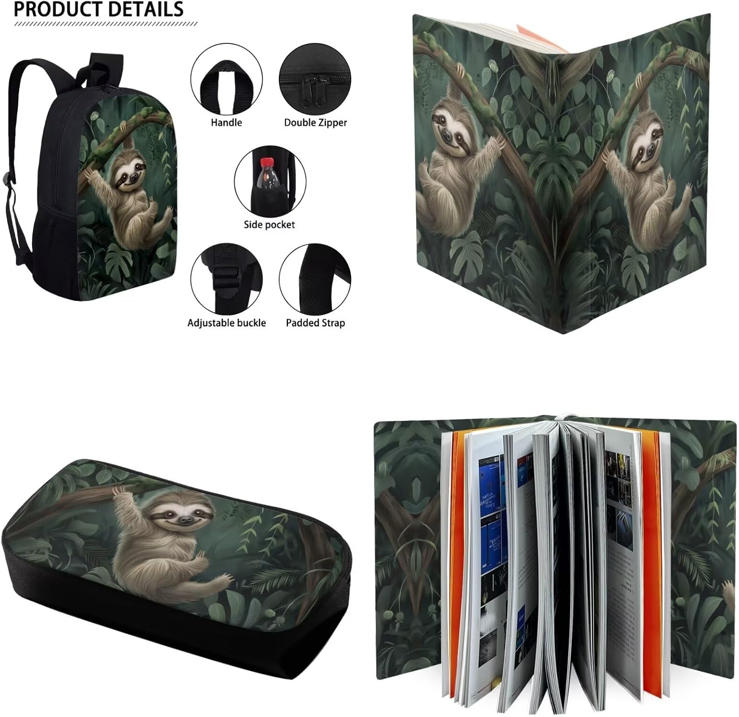 BIGCARJOB Animal Sloth School Bookbags Set for Boys Girls Preschool Backpack Cute Sloth Print School Bags with Lunch Box Pencil Case Book Cover Set of 5 Pcs Sloth Gifts for Children School Backpack