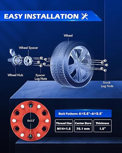 Miniatura 2 de Orion Motor Tech Separadores de rueda de 6 x 5.5, kit de espaciador de rueda rojo de 1.5 pulgadas con pernos M14 x 1.5 compatible con Chevy