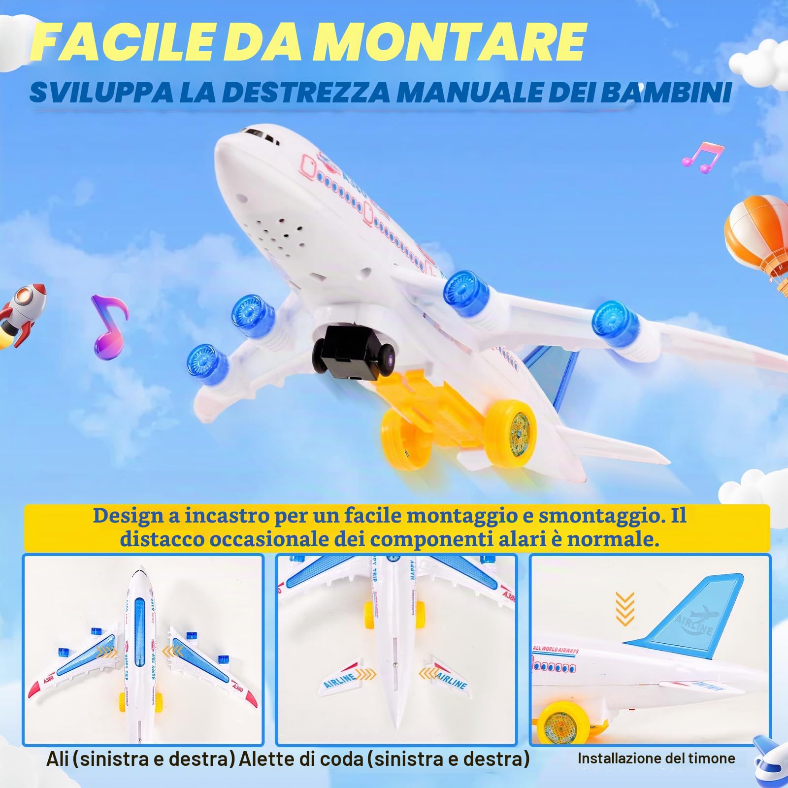 Aereo Giocattolo con Luci LED e Suoni di Decollo Realistici, Funzione Bump and Go, Aeroplano Giocattolo, Ragazzi e Ragazze dai 3 Anni in Su (30cm)