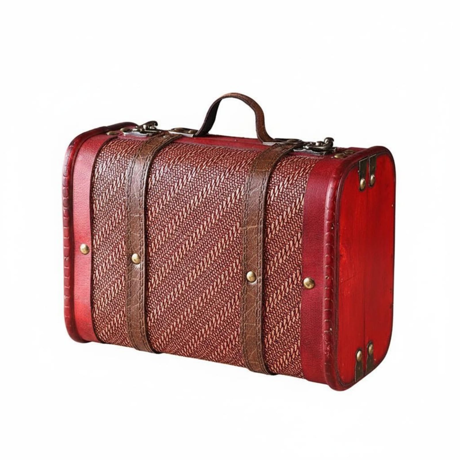 Woven-Textured Wooden Storage Suitcase Leather-Like Trim Portable Storage Suitcase Metal Rivets Vintage Wooden Chest Retro Design, Red Retro A|Boxes-image-13