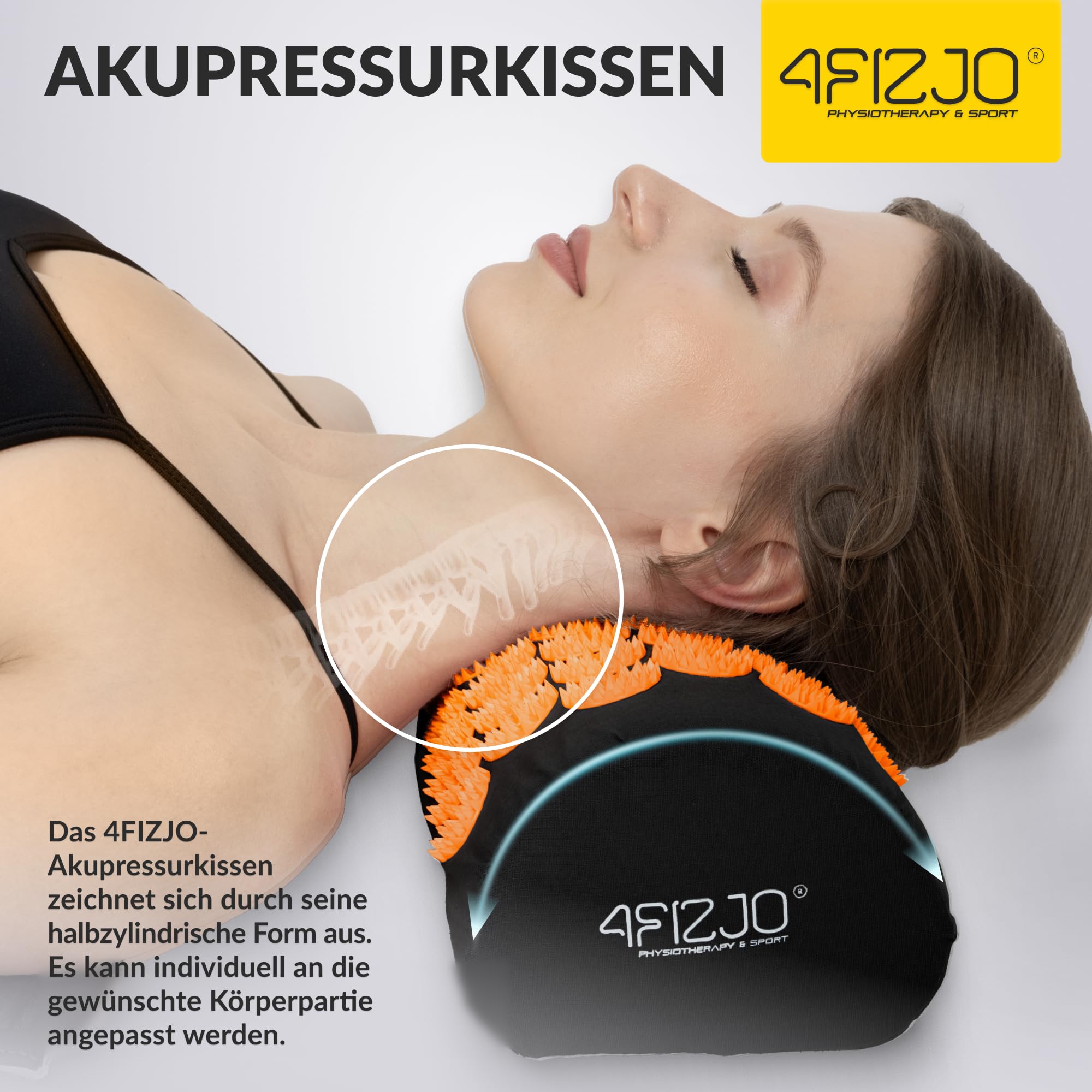 4FIZJO Akupressurmatte & Kissen, 68x42x2 cm, mit Tragetasche, Polyurethanschaum, Hypoallergen, 9618 Stacheln, Massagematte für bessere Durchblutung, Muskeln Entspannung, Farbe: Schwarz und Orange