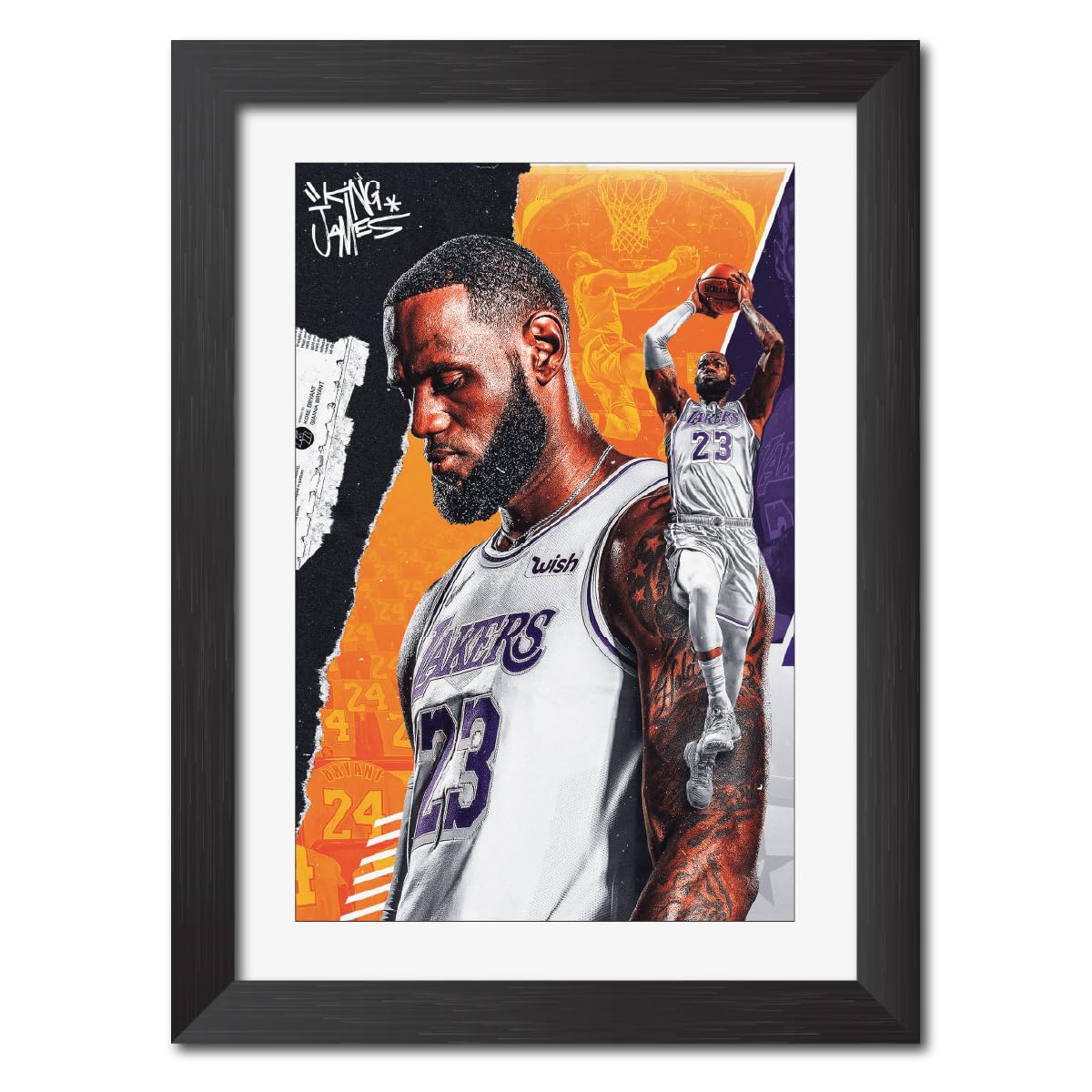 TenorArts Lebron James Poster Laminated Photo Framed Basketball Painting with Matt Finish Black Texture (12 inches x 9inches)