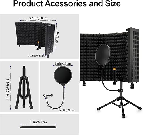 Miniatura 5 de Dmsky Escudo de aislamiento de micrófono de grabación con filtro pop y soporte para trípode, protector de micrófono plegable con triple aislamiento
