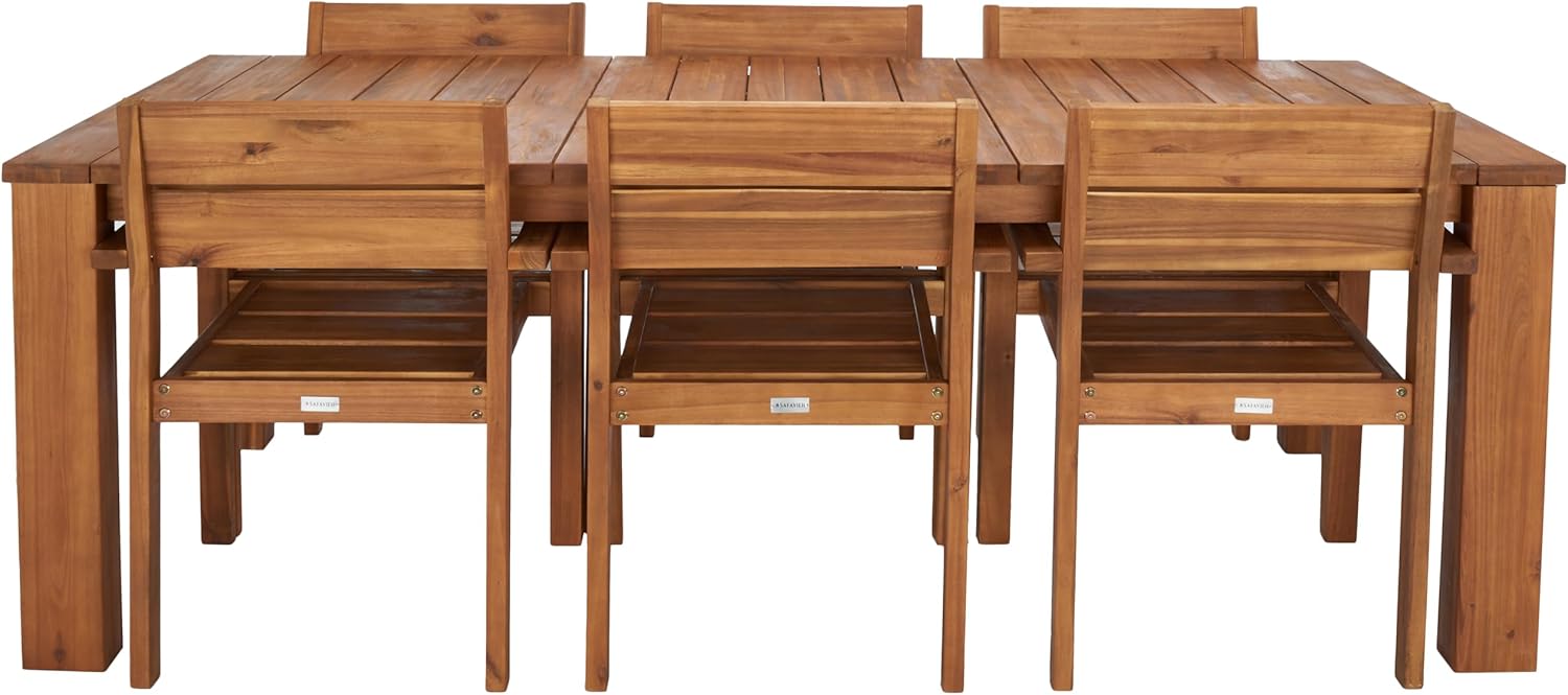 SAFAVIEH Outdoor Collection Hestia Natural Brown Acacia Solid Wood 7-Piece Dining Set, Ideal for Deck, Patio, Backyard