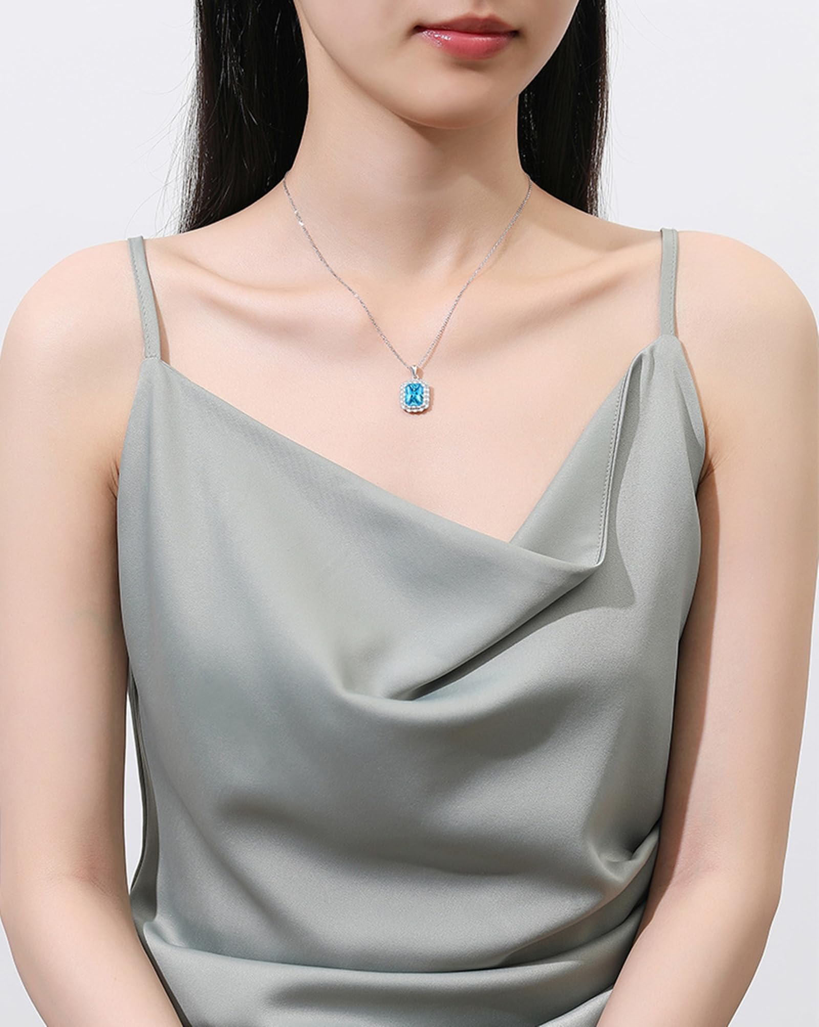 Collar de oro blanco de 9/14/18 quilates para mujer, collar con colgante de halo con forma radiante de 3 quilates, topacio azul moissanita AU375