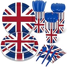 141 PCS British Flag Party Supplies Tableware Set Union Jack Party Supplies Union Jack Tableware Including Union Jack Paper Plates Dessert Plates Cups Napkins Disposable knives spoons straws,Serves 16