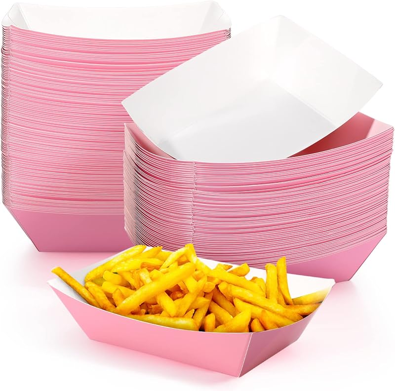 100 bandejas de papel para alimentos de 2 libras, barcos Nacho para perros calientes, rosa | Barco de papel kraft desechable resistente a la grasa para concesión de tacos, camiones de comida, cumpleaños, bodas, Navidad, Halloween