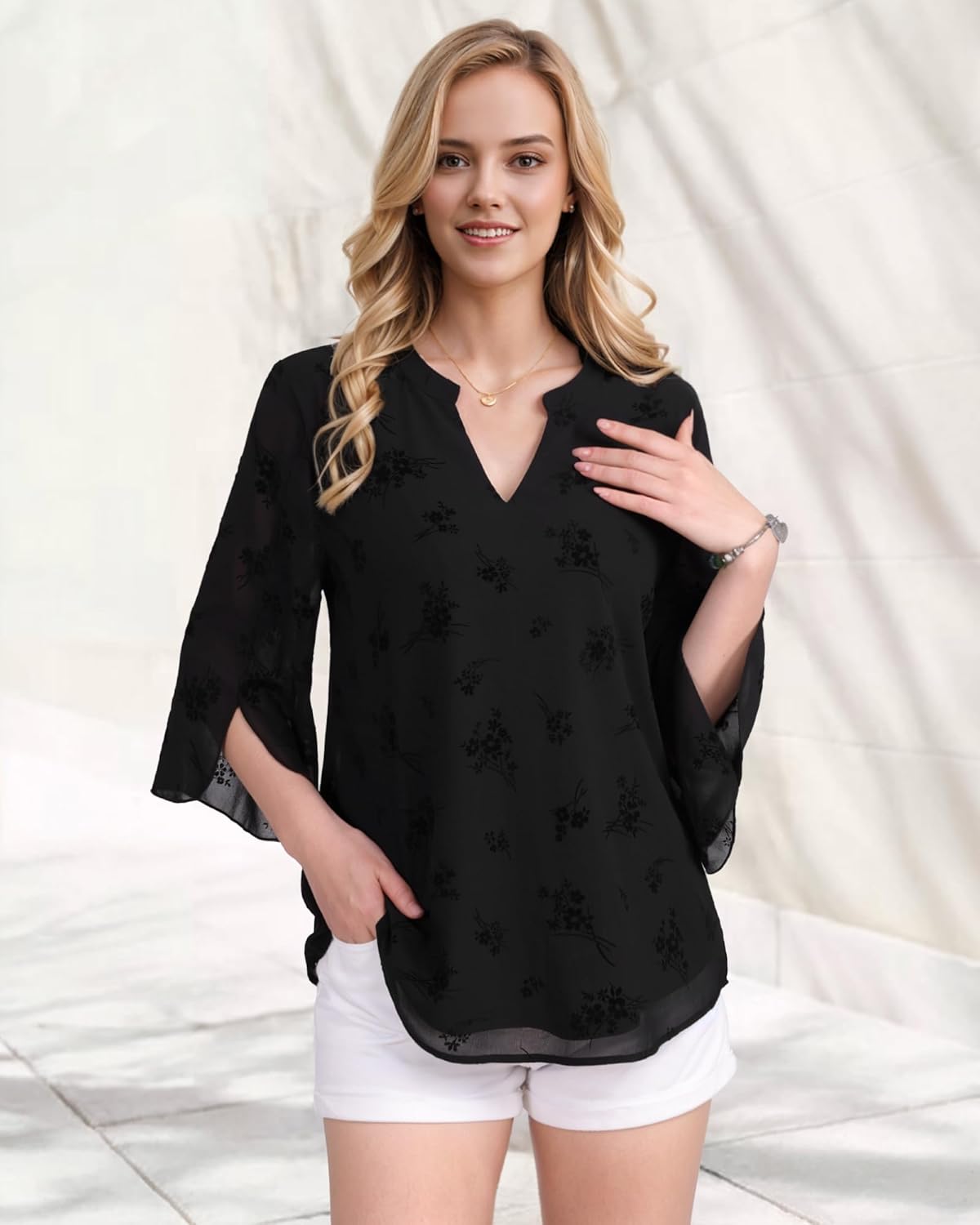 Bebonnie Womens Tops Dressy Casual Ruffle 3/4 Sleeve V Neck Double Layers Chiffon Blouses Tops - Image 3