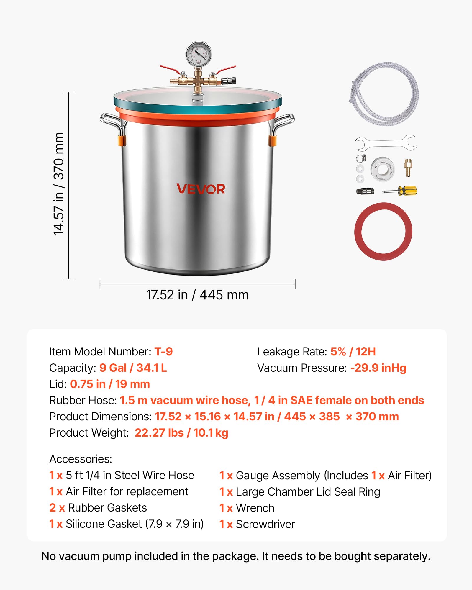 VEVOR Vakuumkammer 34,1 L aus Edelstahl, Vakuum-Entgasungskammer mit Gehärtetem Glasdeckel, Schlauch und Luftfilter, für Harzguss, Holzstabilisierung sowie Silikon, Epoxidharz und Ätherische Öle