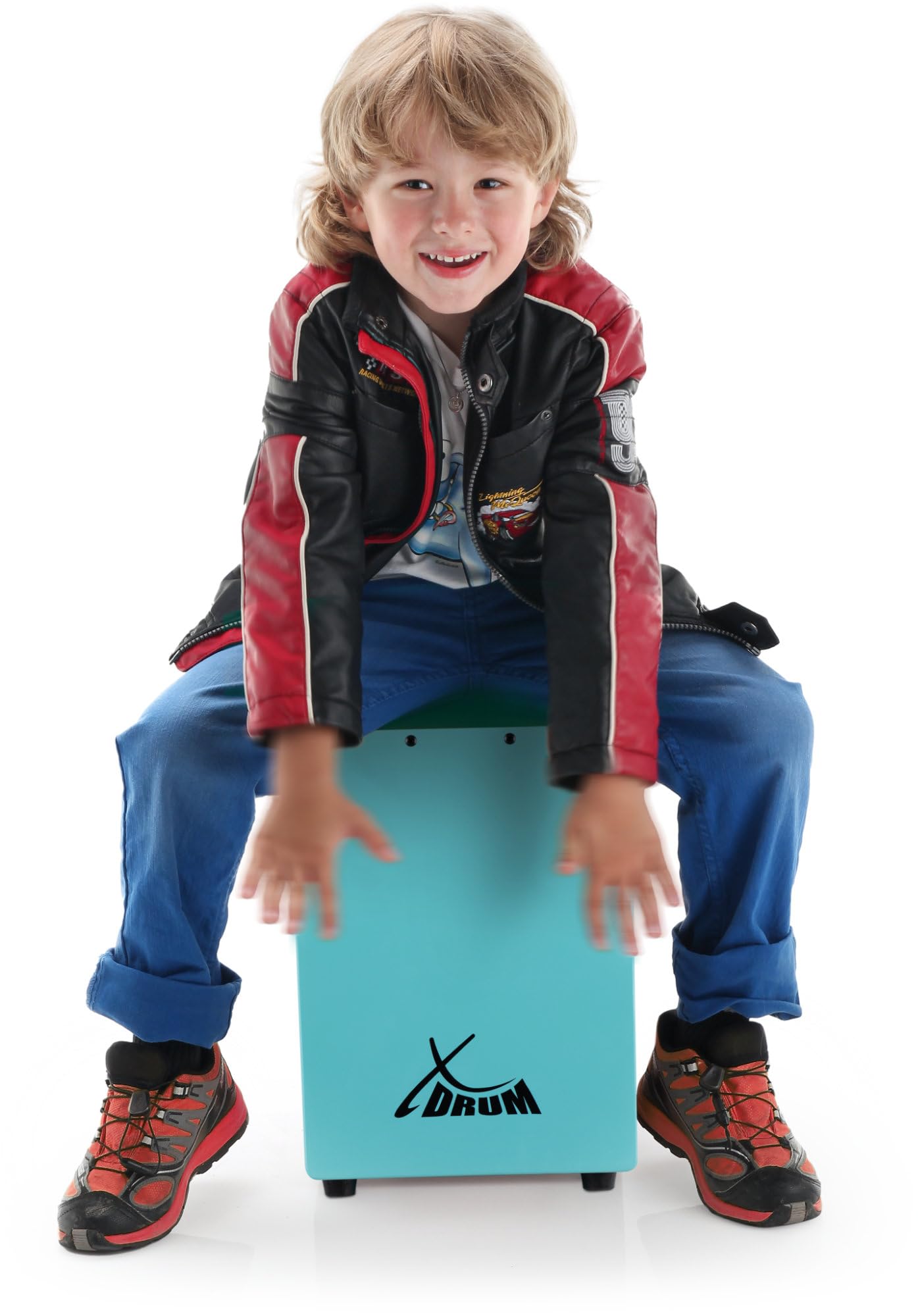 XDrum KC-37B Cajón Infantil Azul Set con Escuela, Solo 36 cm de alto | Cajón pequeño especialmente diseñado para niños, Adecuado para educación musical temprana, Totalmente de abedul, 5 x 36 x 23