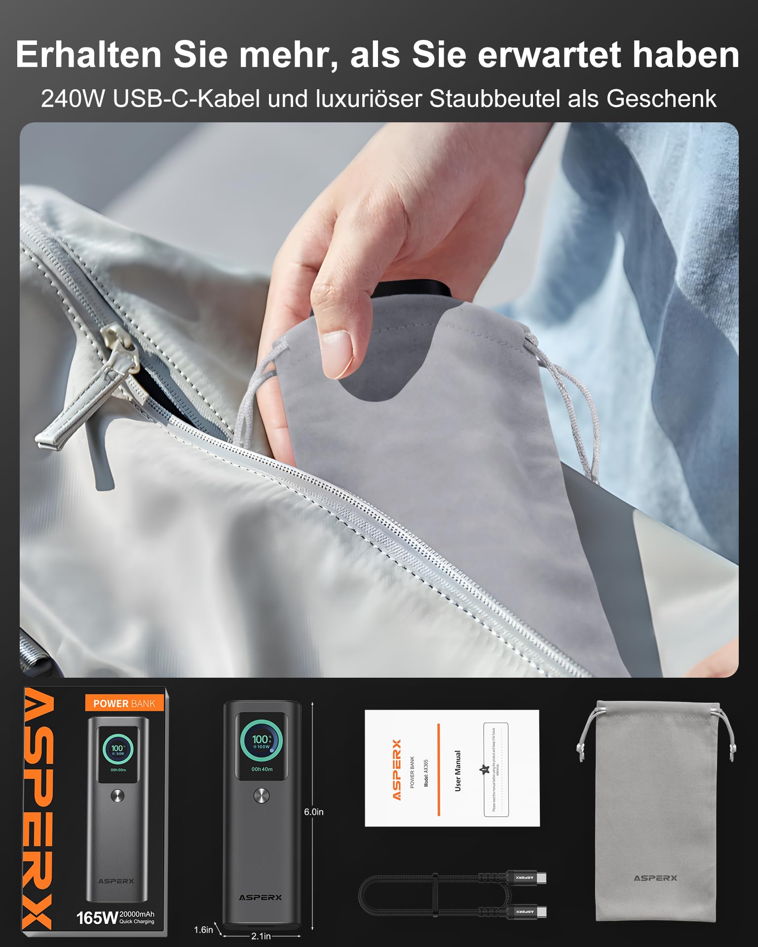 AsperX Laptop Powerbank 20000mAh,Total 165W Schnellladen | 60cm USB C Kabel Integriert,jeweils 100W'Max,TFT-Display,Power Bank für iPhone Galaxy MacBook(Alulegierung)