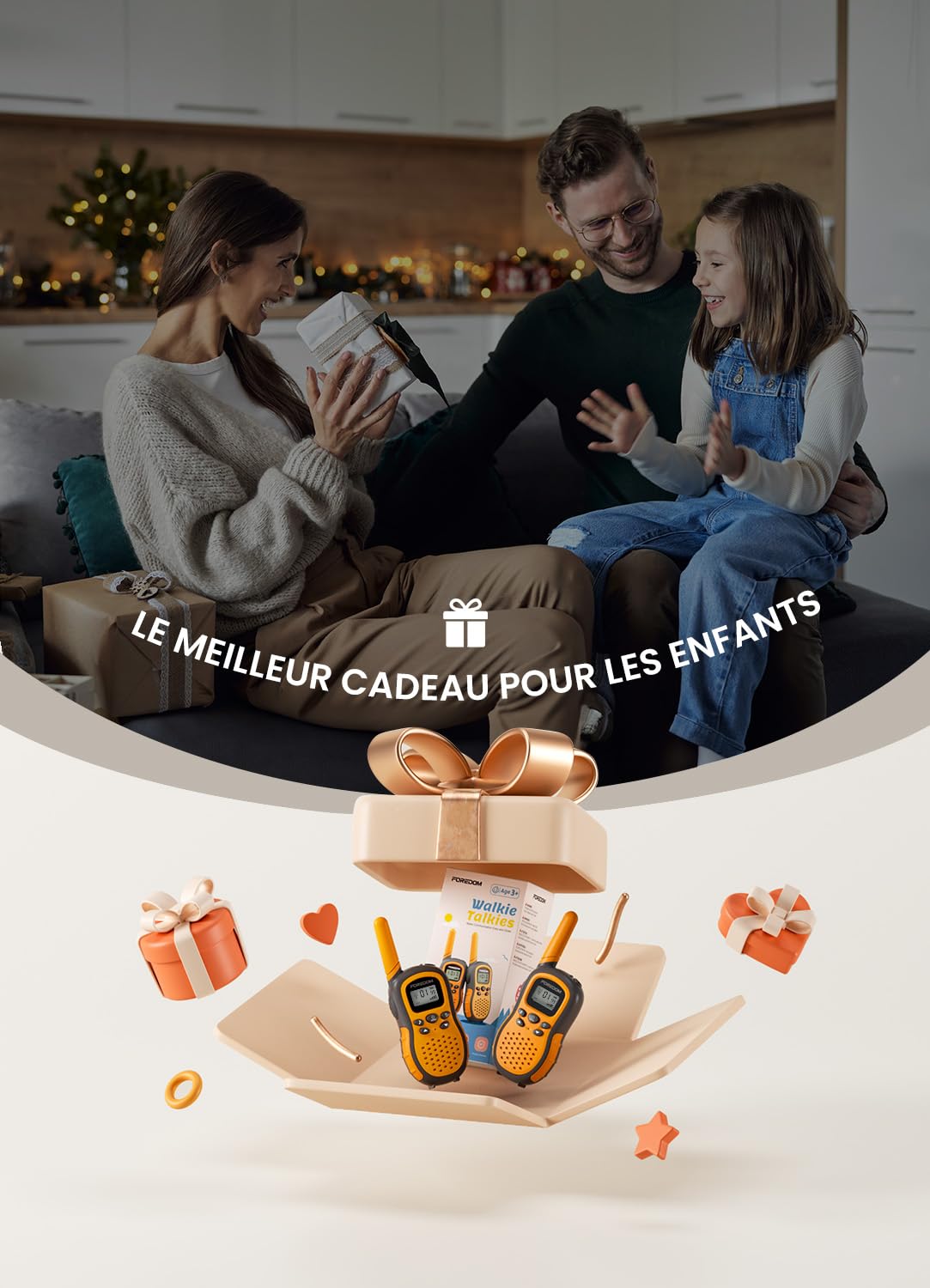 FOREDOM Talkie Walkie Enfants Rechargeable, Talkie-Walkie Longue Portée pour Garçons & Filles de 3-12 Ans avec Lampe, Lot de 2 - Orange
