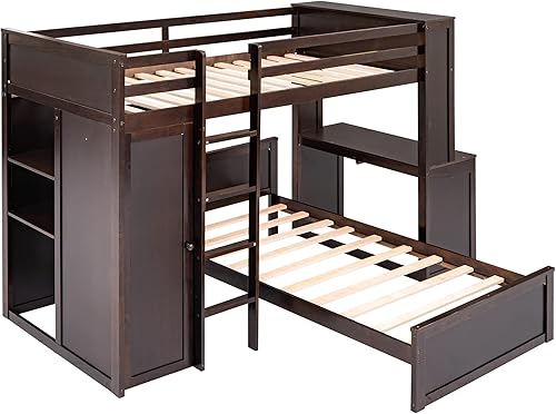 Miniatura 8 de Litera moderna de tamaño matrimonial con escalera de almacenamiento marco de cama tipo loft de madera maciza litera separable que se convierte en