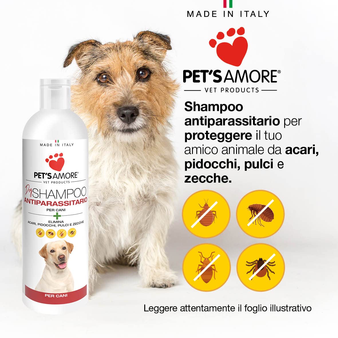 Shampoo Antiparassitario per Cani ml 250, Elimina Pulci, Zecche, Acari e Pidocchi