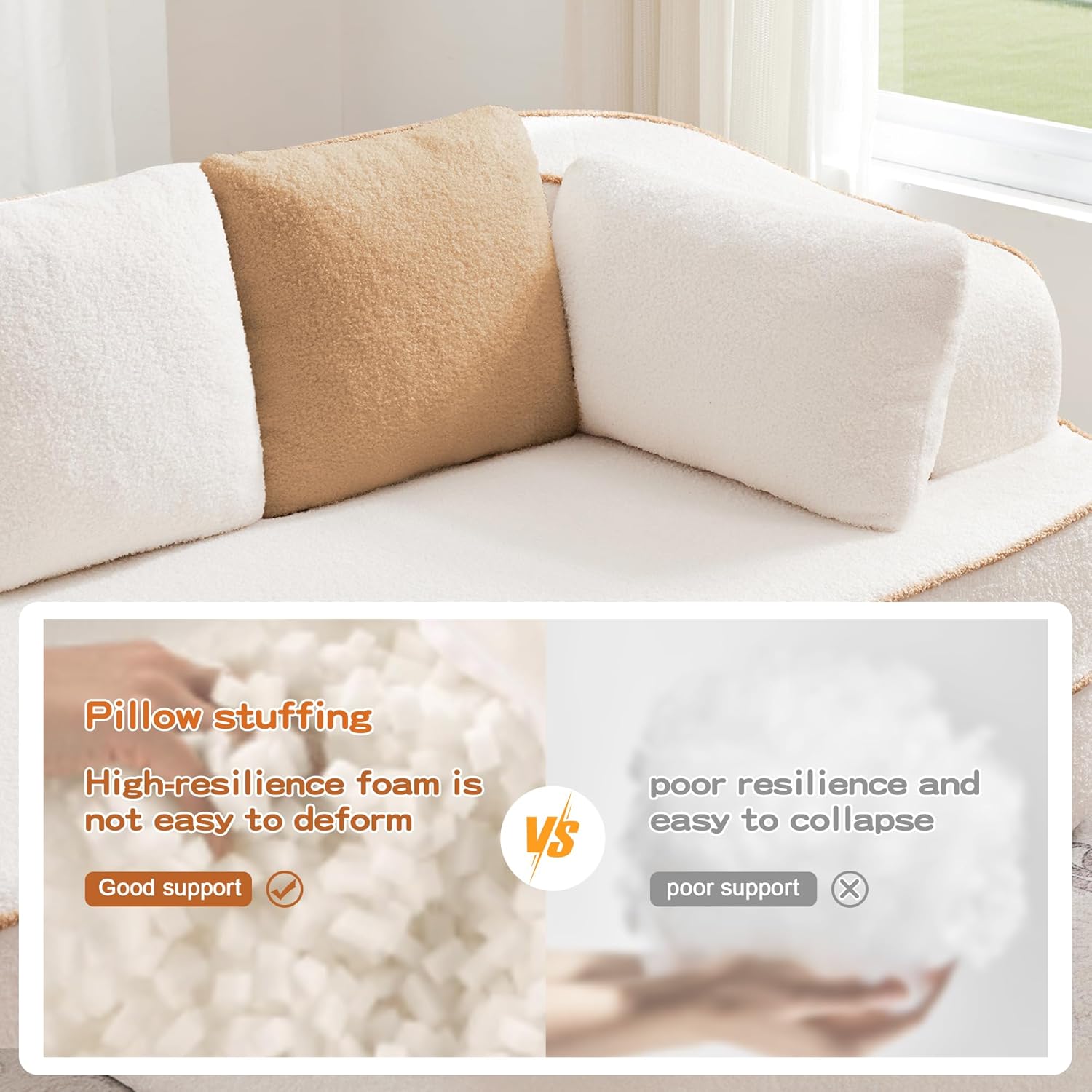 77" Double Chaise Lounge Chair Indoor, Oversized Sectional Teddy Upholstered Boneless Sofa Bed, Deep Seat Sleeper Loveseat Reading Chairs, Cloud Sofas Couches, No Assembly Required (White)