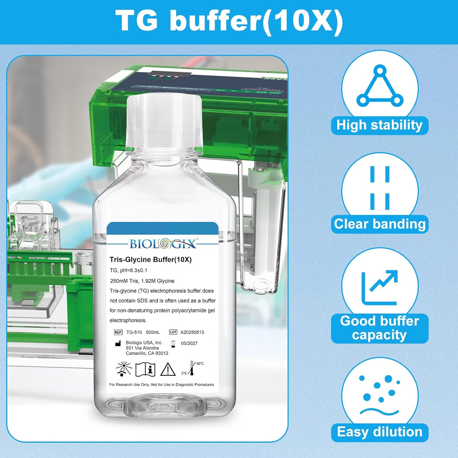 TG Electrophoresis Buffer (10X), Tris-Glycine Transfer Buffer for Western Blots and Native Gels, pH 8.3, 500mL/Bottle, 6 Bottles/Case