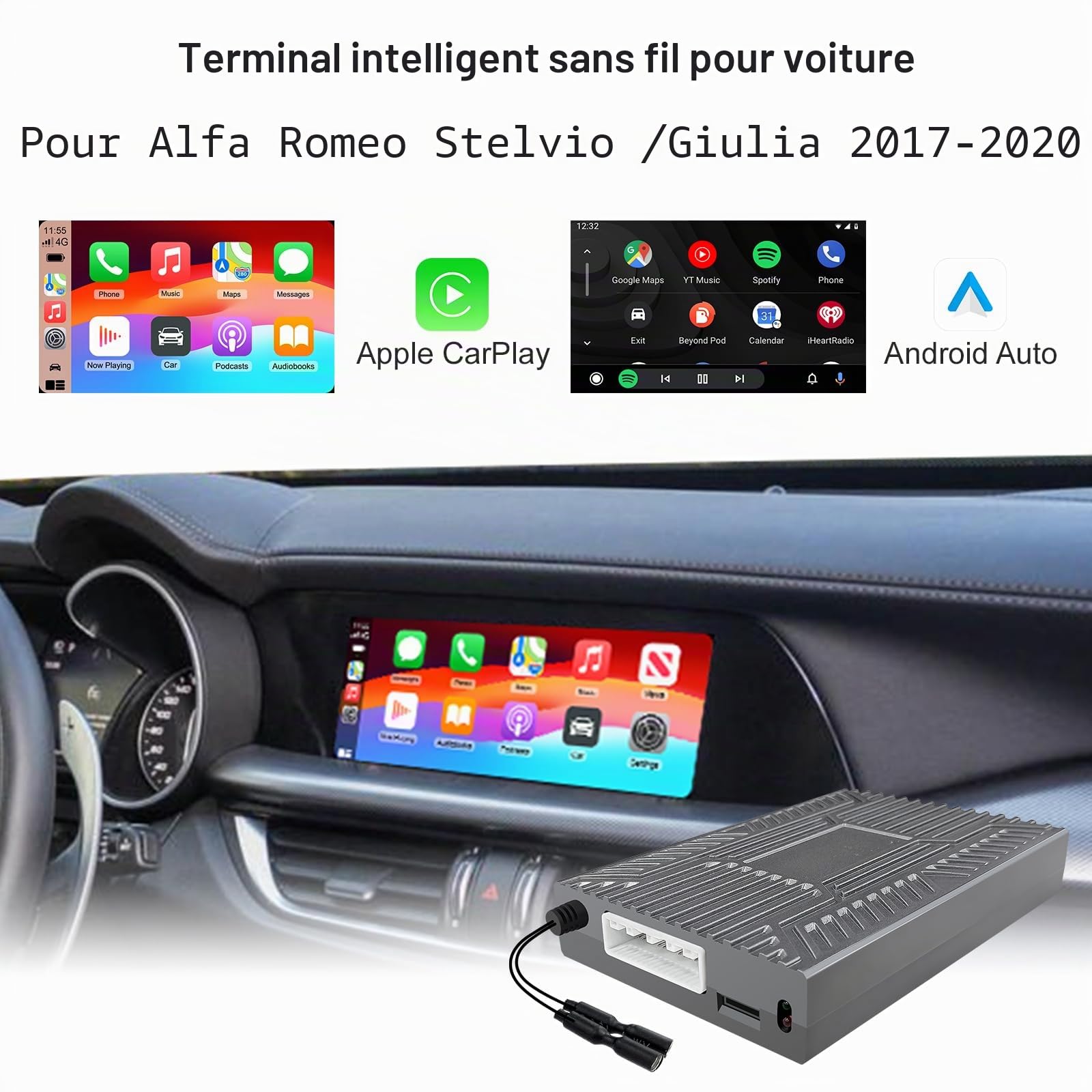 LEXXSON Wireless CarPlay & Android Auto Retrofit Kit Décodeur pour Alfa Romeo Giulia Stelvio 2017-2020, avec écran 6.5/8.8 po, Plug & Play, prise en charge de la commande et de la navigation Bluetooth