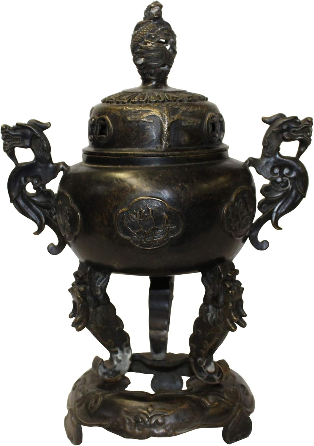 Chinese Oriental Dark Brown Bronze Metal Incense Burner Display Acs5528