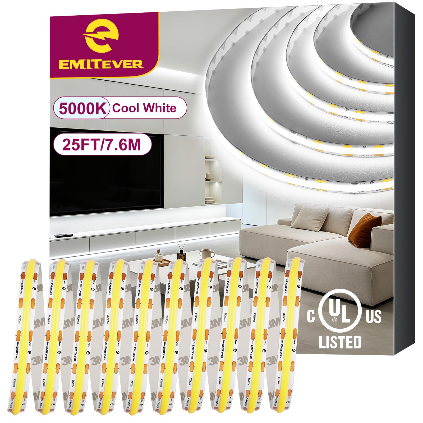 EMITEVER Tira LED COB Blanco Frío 5000K 25 Pies Alta Densidad Alta Densidad DC 24V 300Lumen/Pie 3600LEDs/Rollo Ra 90+ 3W/FT Certificado UL