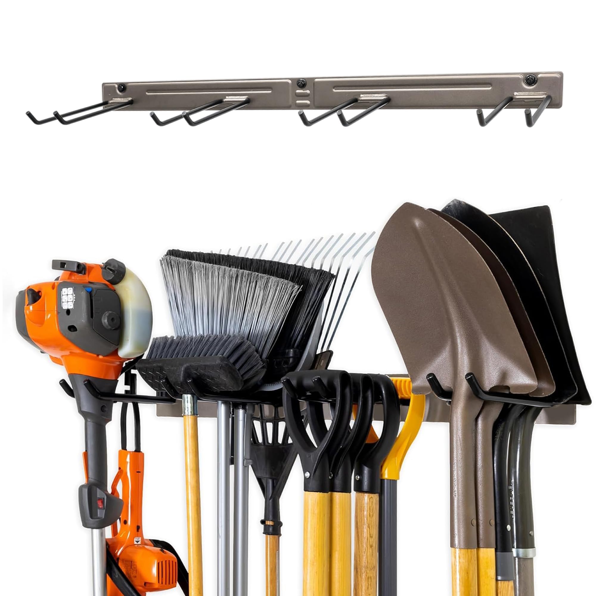 Storeyourboard Mud Heavy Duty Garden Tool Rack For Garage & Shed – Solid Steel Garden Tool Organiser, 4 Slot Metal Shed Storage Rack For Rakes, Spades & Handle Tools, 113 Kg Capacity Garage Wall Storage