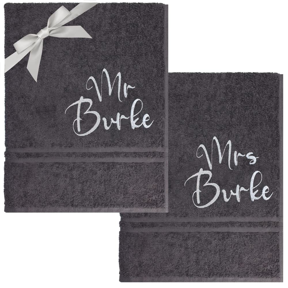 TeddyT's Personalised Mr & Mrs Charcoal Grey & Silver Bath Towels Gift Set