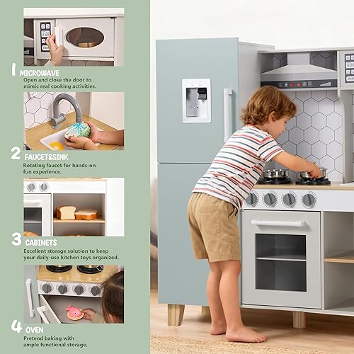 Miniatura 4 de Juego de cocina de juguete de madera para niños con luces y sonidos simulados, juego de cocina de juego de simulación con fregadero, estufa,
