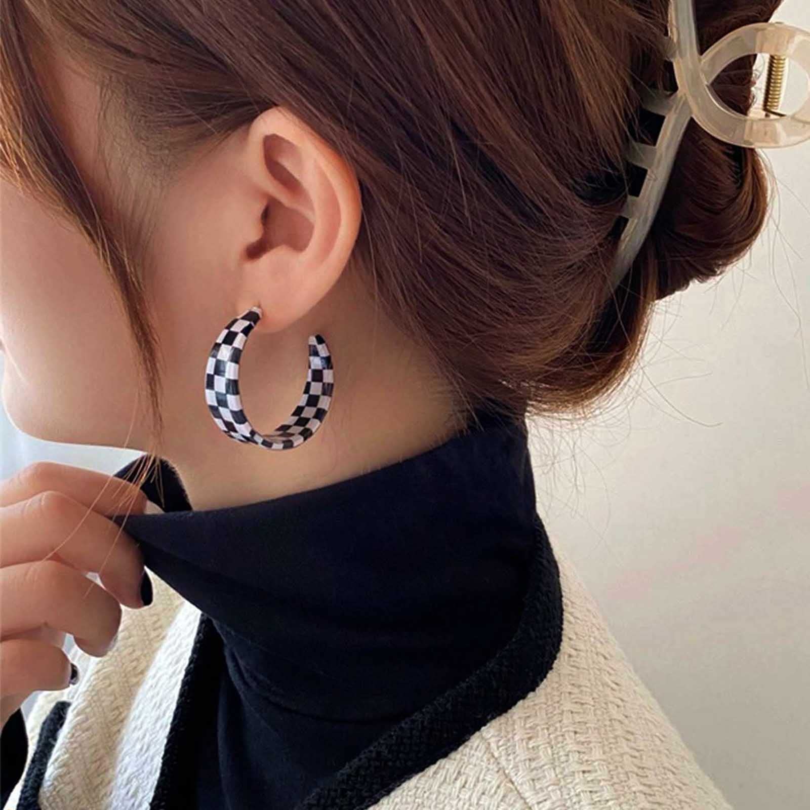 Orecchini A Cerchio Scacchiera Acrilico Boho - Bianco E Nero, Vintage, Gioielli Fatti A Mano Per Donne E Ragazze