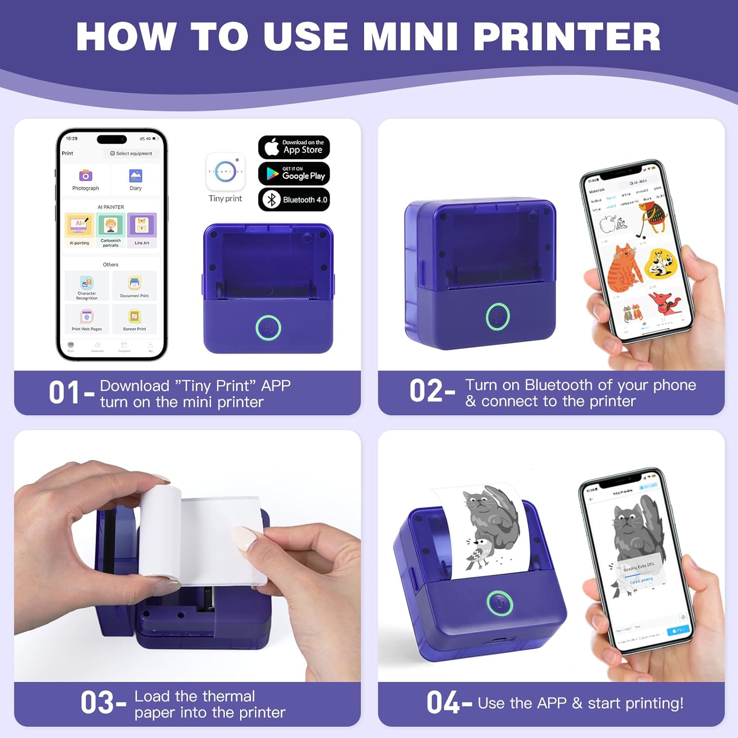 Diagram showing the components of the cudinham X6 Mini Thermal Printer, including the paper outlet, power button, power indicator, USB port, and cover opening button.