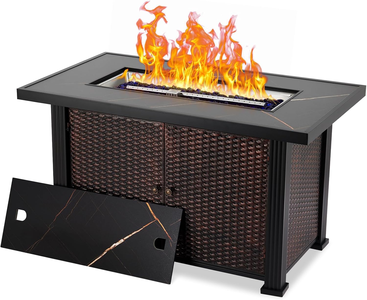 44" outdoor propane fire pit table, 50,000btu gas fire pit rectangular firepits table with lid and storage for patio deck garden outside party warmth and ambience, brown 44 inch-brown rattan