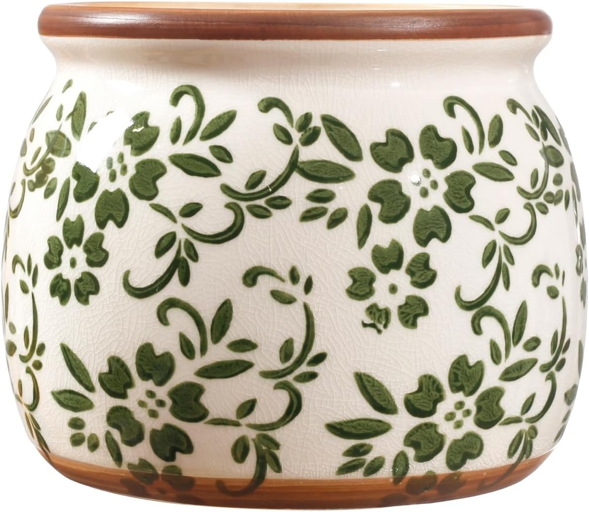 Vintage Ceramic Flower Pot - Indoor Outdoor Planters with Drainage Holes & Filter Screen, 9’’ Large Rustic Farmhouse Decorative Plant Pots for Garden/Patio/Balcony (Green Vines, Large)
