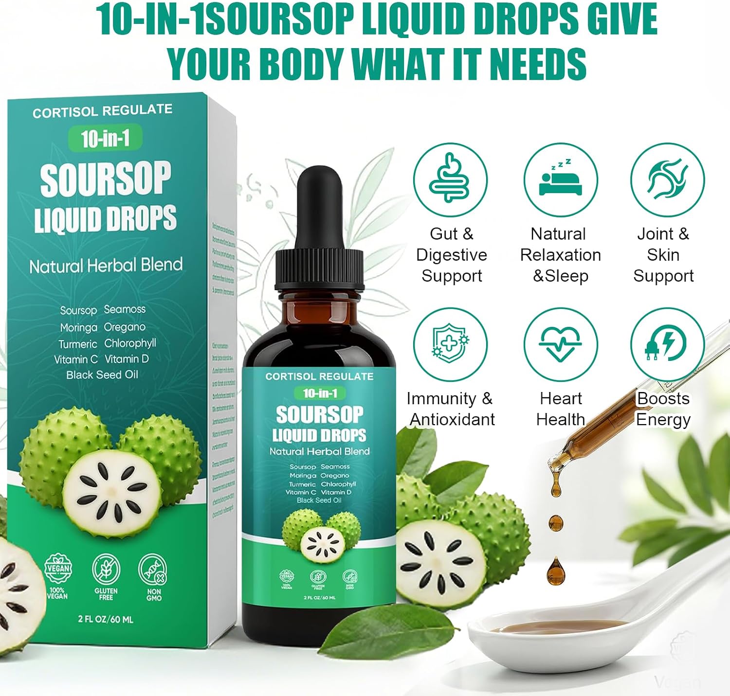 Soursop Liquid Drops, 10-in-1 Botanical Blend with Sea Moss, Moringa, Turmeric, Black Seed Oil, and Oregano | Support Immune System & Gut Health | Vegan, Non-GMO | 2 fl oz (1 Pack)
