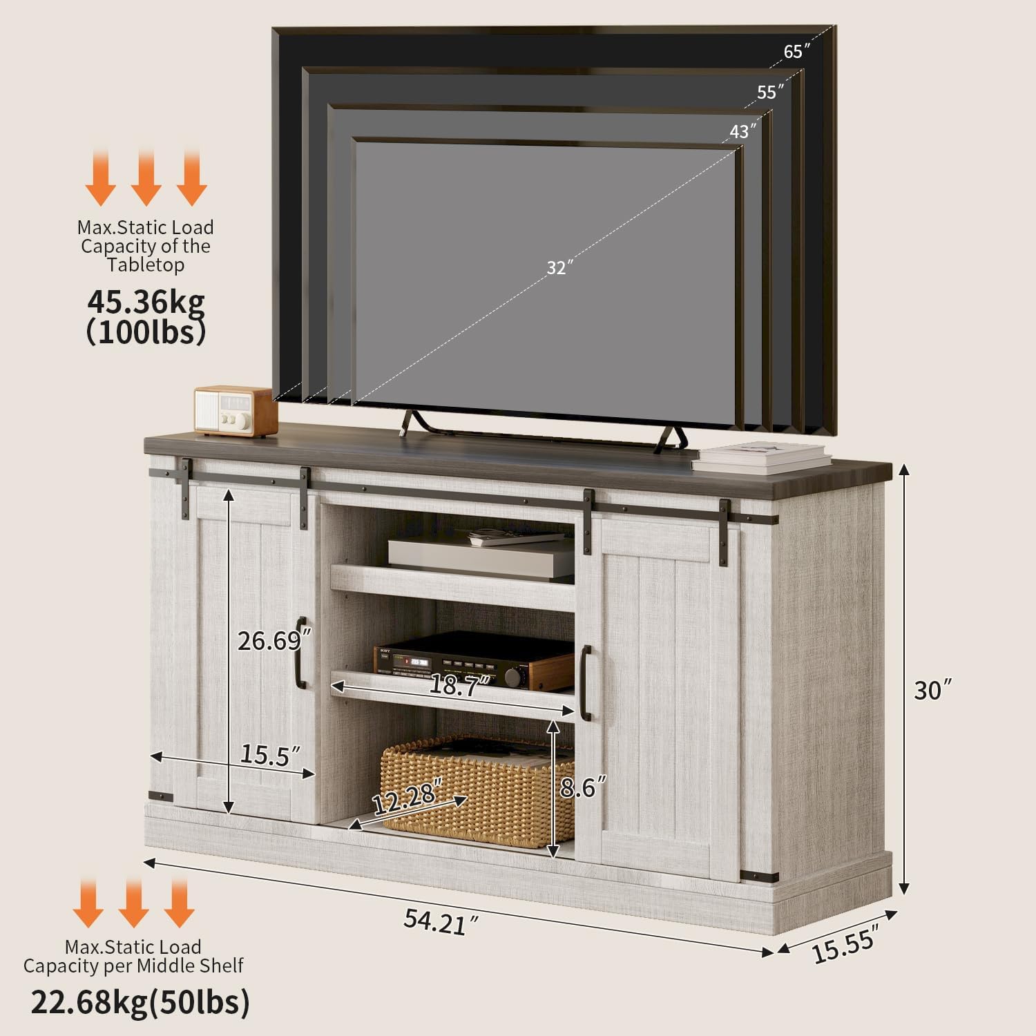 Farmhouse TV Stand for 65 inch Television Stand, Entertainment Center with Storage Cabinet and Sliding Barn Doors & Adjustable Shelves, Rustic Media Console Table for Living Room, Cream