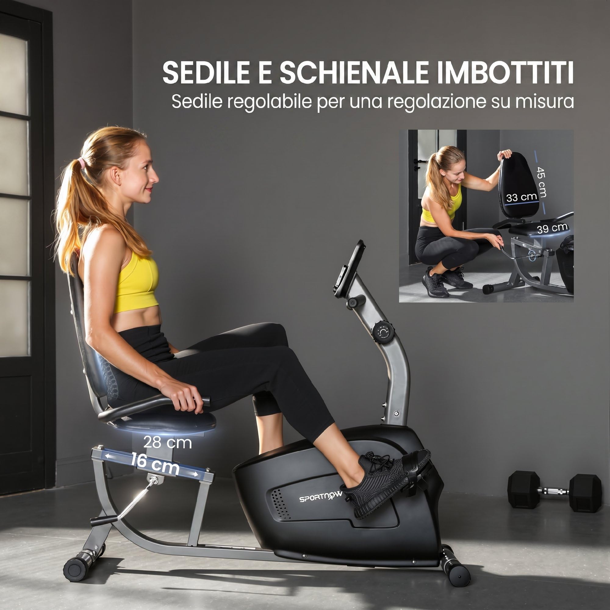 SPORTNOW Cyclette da Casa Orizzontale con Seduta Regolabile per Anziani | 8 Livelli di Resistenza Magnetica, Cyclette Recumbent, Schermo LCD, Sensore di Frequenza Cardiaca, Ruote