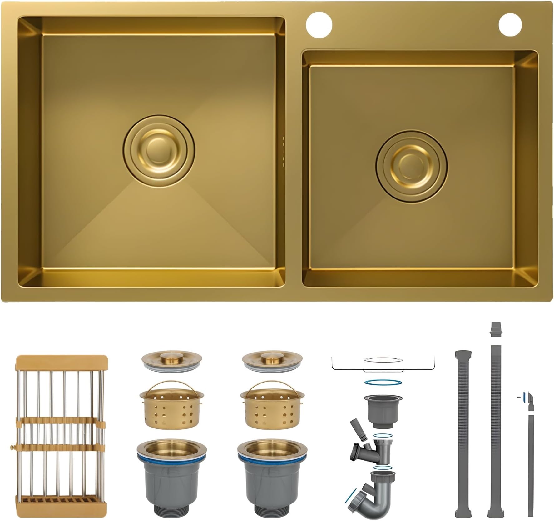Kitchen Sinks, Gold Stainless Steel Kitchen Sink, Big Square Double Bowl Bar Sink, Nano Sink With Drain Kit, Drop-In Undermount/Topmount, Easy to clean(75x40cm)