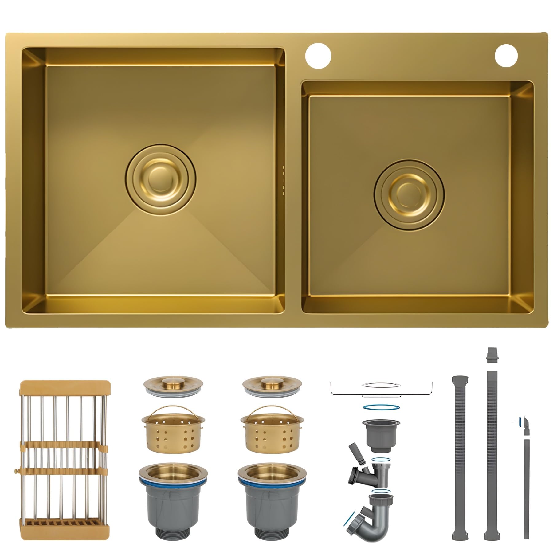Kitchen Sinks, Gold Stainless Steel Kitchen Sink, Big Square Double Bowl Bar Sink, Nano Sink With Drain Kit, Drop-In Undermount/Topmount, Easy to clean(75x40cm)
