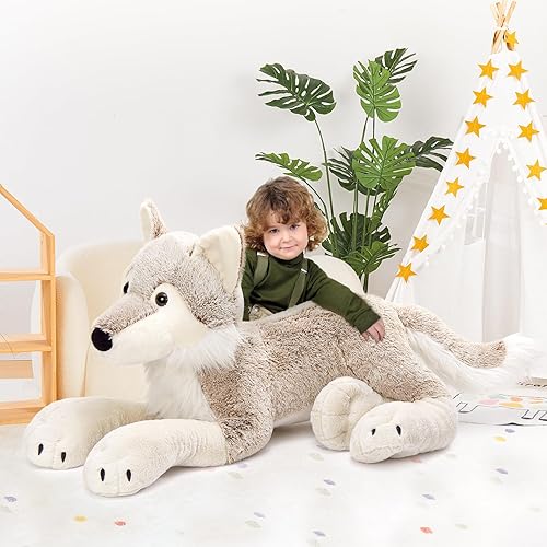 Miniatura 8 de MaoGoLan Animal de peluche grande de lobo para niño, peluche de lobo gigante para niña, coyote de peluche para niño, peluche de coyote realista para
