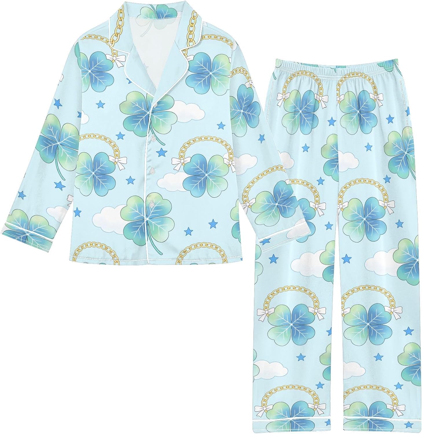 Kids Casual Satin Wear Set Four Leaf Clover Cloud Unisex Relaxed Fit Clothing