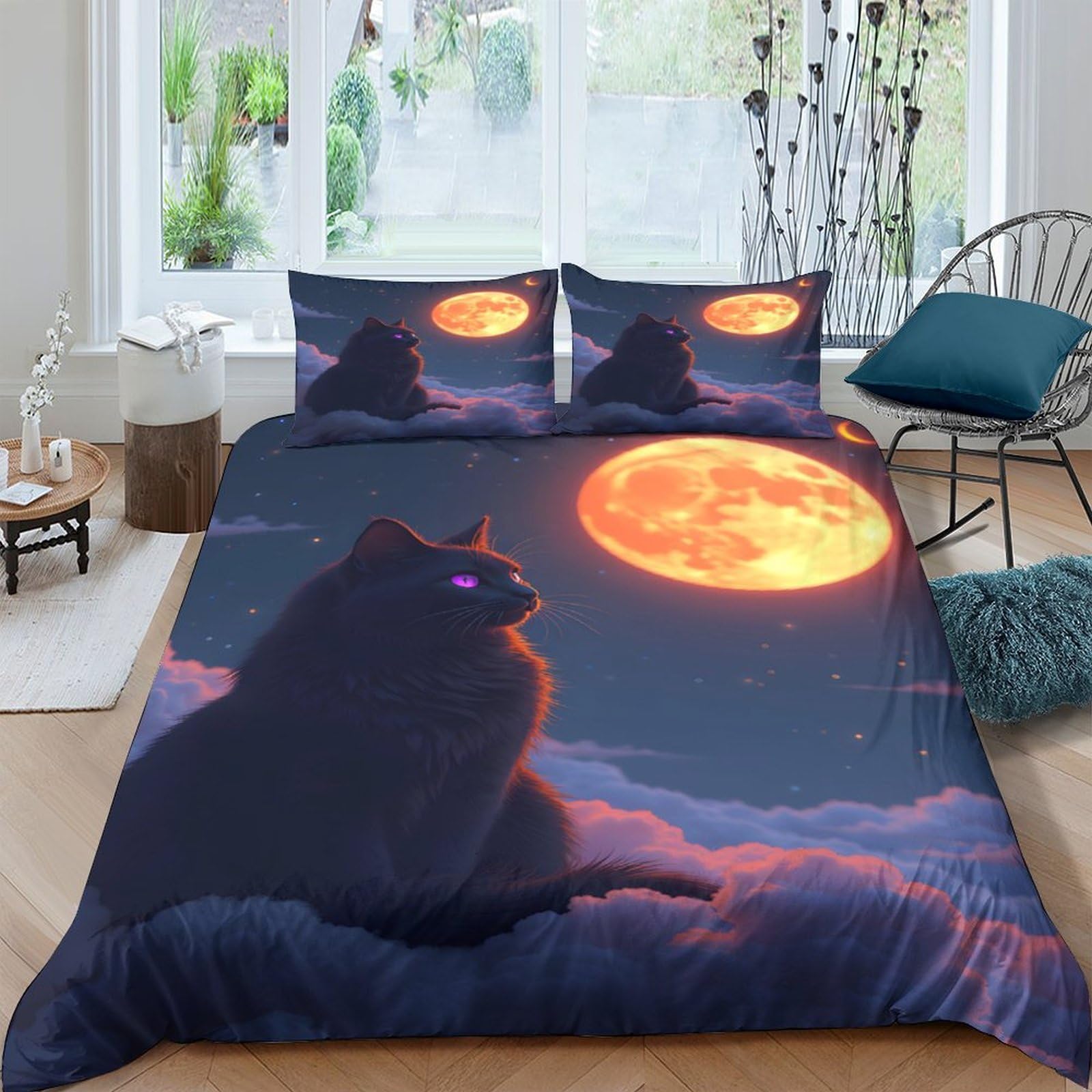 Ctjqhvkz Style-10 3D Printed Moonlight Cat Fitted Sheet Microfiber Non Slip Sky Night Mattress Cover Bedroom Decor Single（135X200cm）