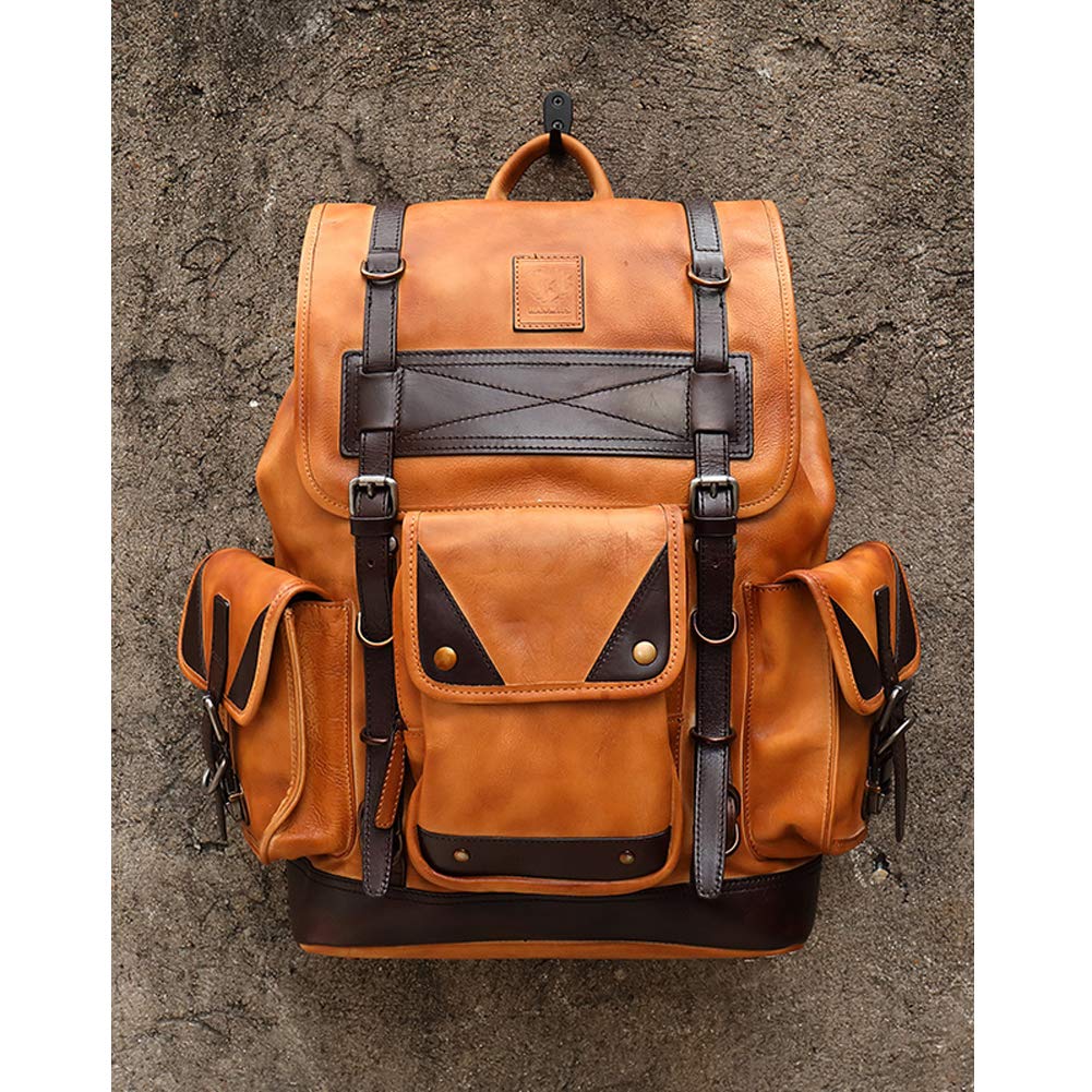 Denny&Dora Retro Backpack Luxury Mens Cow Leather Handbag Bag Large Capacity Travel Bags Hiking Package (Brown)