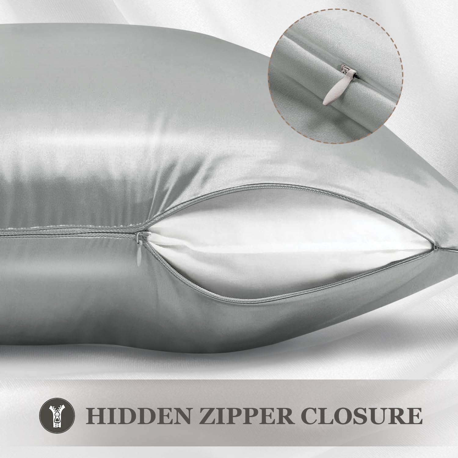 Adubor Silk Pillowcase 2 Pack for Hair and Skin with Hidden Zipper, Both Sides 23 Momme Silk Pillow Case (Dark Grey, Queen: 20''X30'')