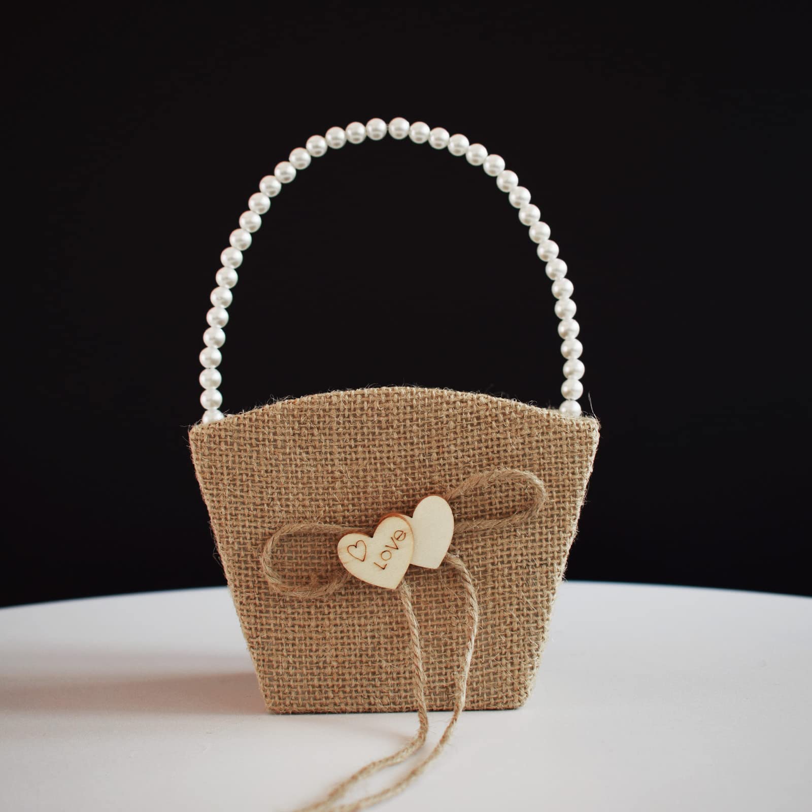 Rustic Burlap Flower Girl Baskets with Pearl Handle, BowKnot Heart Petals Basket for Vintage Wedding Ceremony