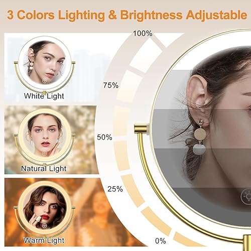 Miniatura 4 de Gospire Espejo de tocador de maquillaje iluminado de 9 pulgadas con 3 luces de color y atenuación continua, aumento LED de doble cara 1X10X, sensor