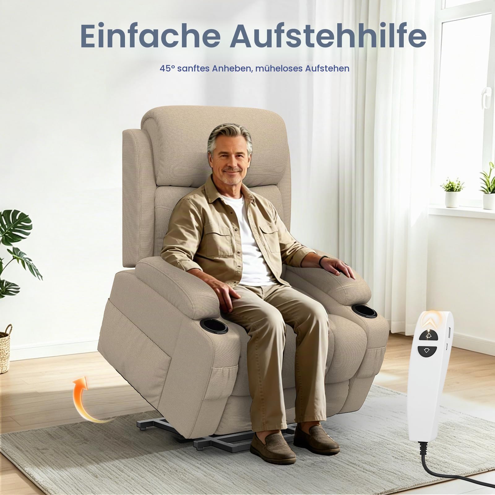 Relaxsessel Fernsehsessel, Massagesessel mit Heizung Elektrischer TV Sessel Liegesessel mit Liegefunktion für Wohnzimmer USB- und Typ-C-Anschlüsse 2 Getränkehalter und 4 Seitentaschen