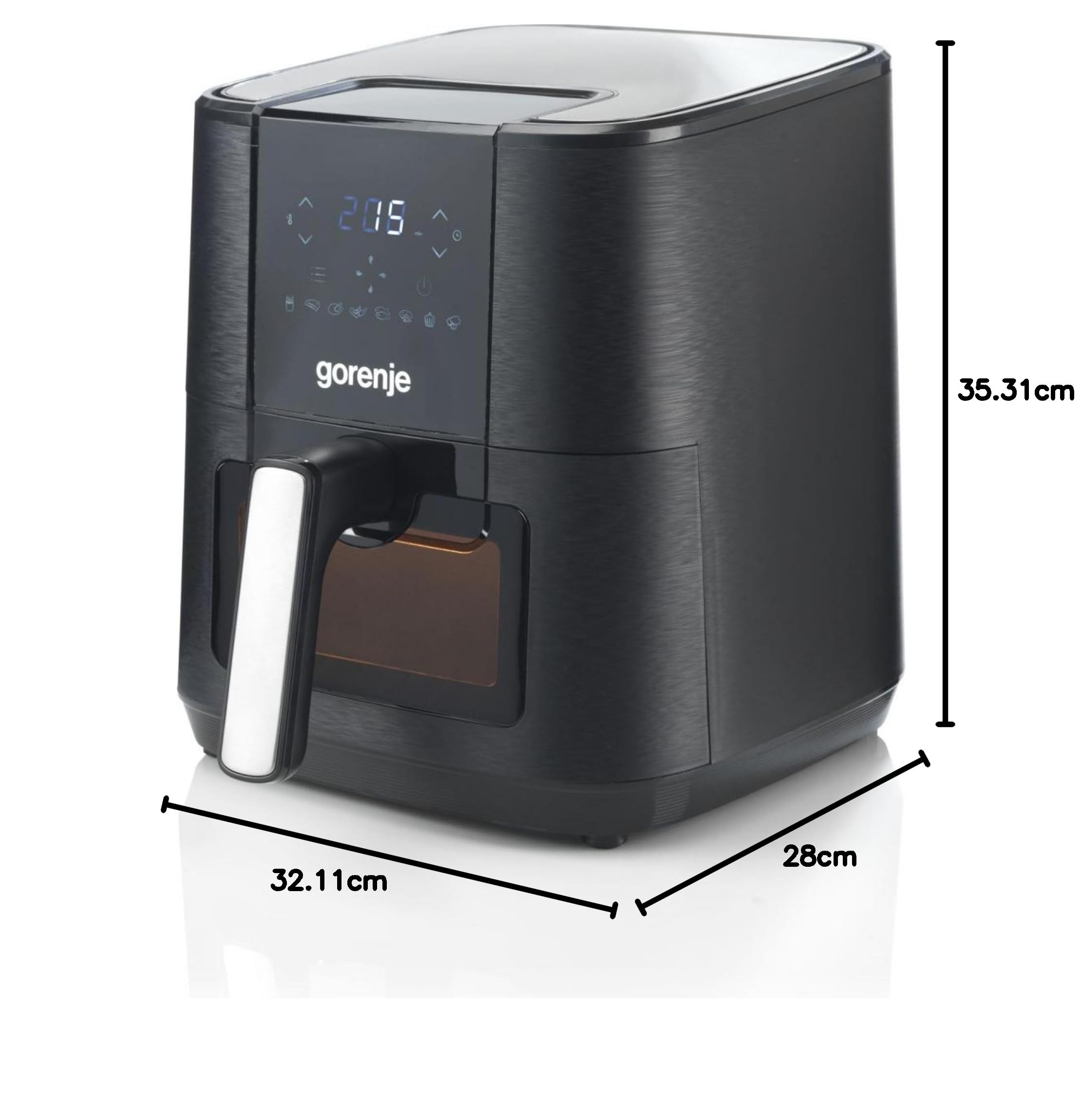 Gorenje AF1350DWB Heißluftfritteuse / 1.350 Watt/Korb 5,4 Liter mit Sichtfenst / 8 Automatik Programme/Antihaft-Beschichtung/LED Anzeige/B x H x T: 28 × 35,3 × 32,1 cm/Schwarz